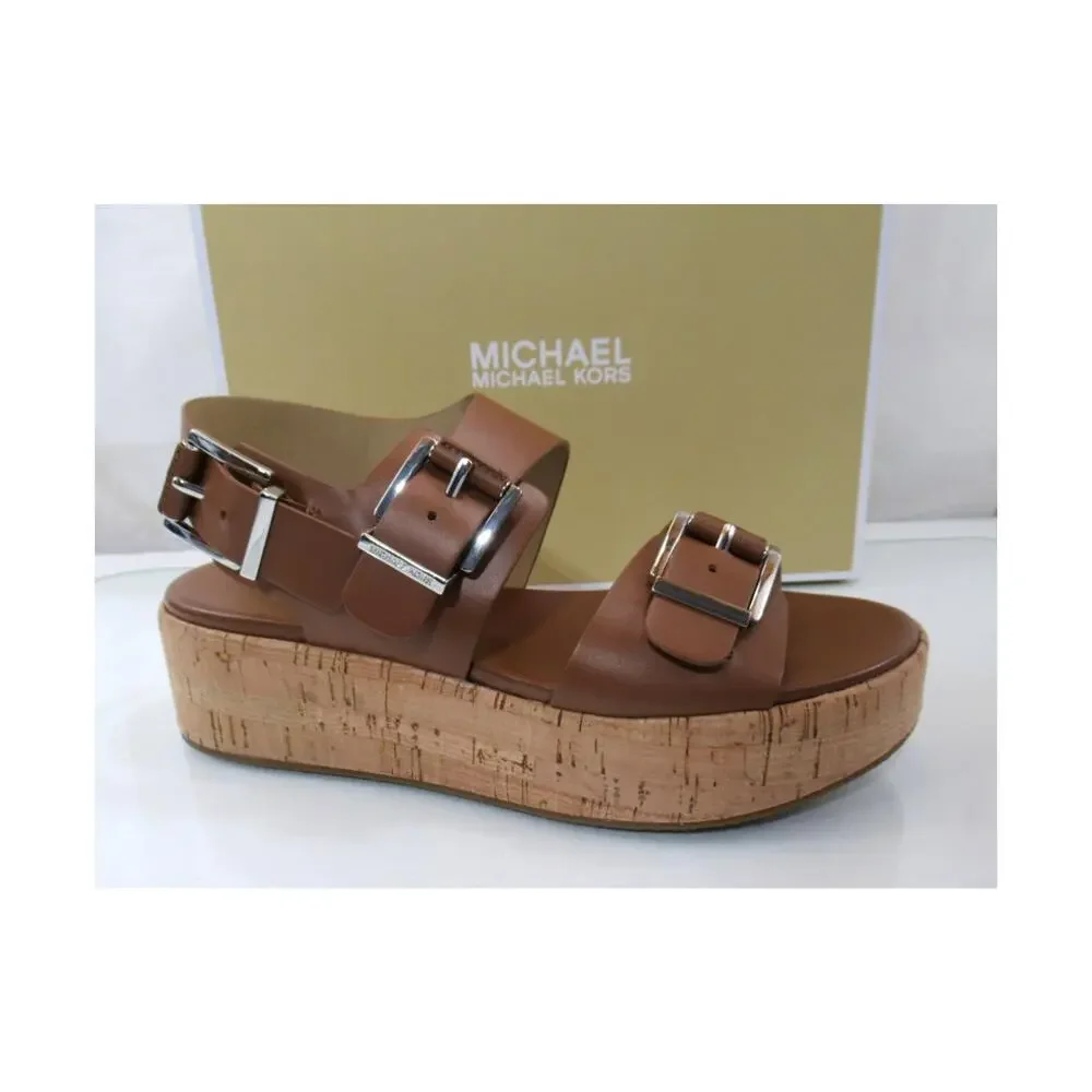 Michael Kors Colby Flatform Wedge Sandal Leather Luggage Light Brown